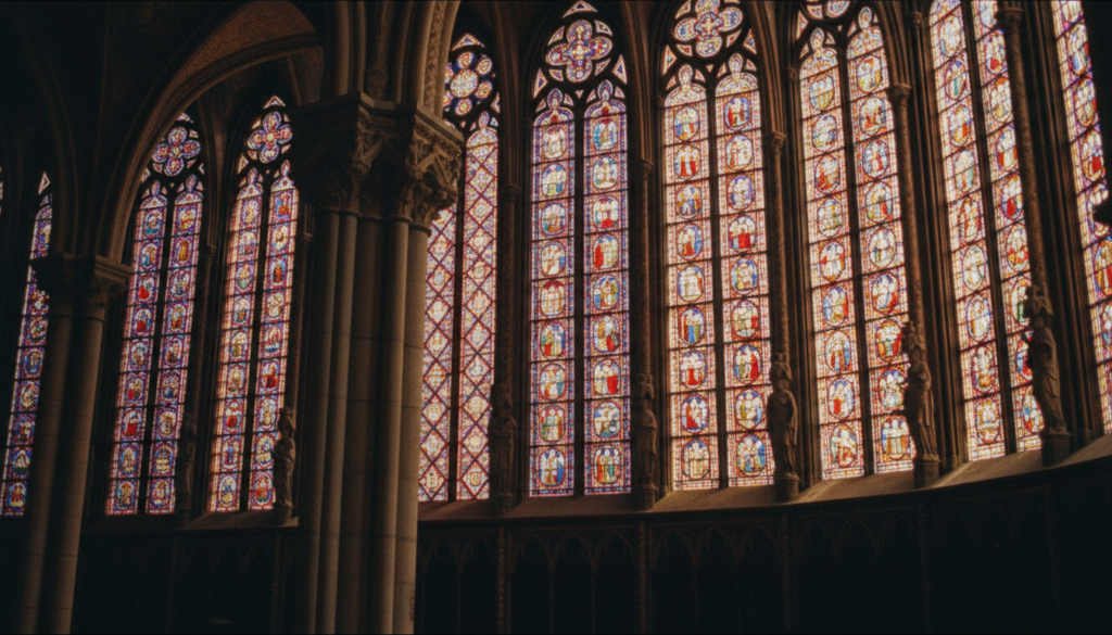 Interior of Sainte-Chapelle, showcasing its stunning Gothic stained glass windows, beautifully illuminated by soft, warm cinematic lighting. The foreground features intricately detailed stone arches and ornate carvings, leading the viewer's gaze towards the vividly colored glass depicting biblical scenes in the middle layer. The kaleidoscope of colors creates a serene and spiritual atmosphere within the chapel. In the background, the glow of the windows enhances the depth of the architecture, surrounded by hints of shadows for a dramatic effect. Capture this image in a raw photograph style with highly detailed textures, and in 8k resolution, emphasizing the grandeur and historic significance of this sacred space.