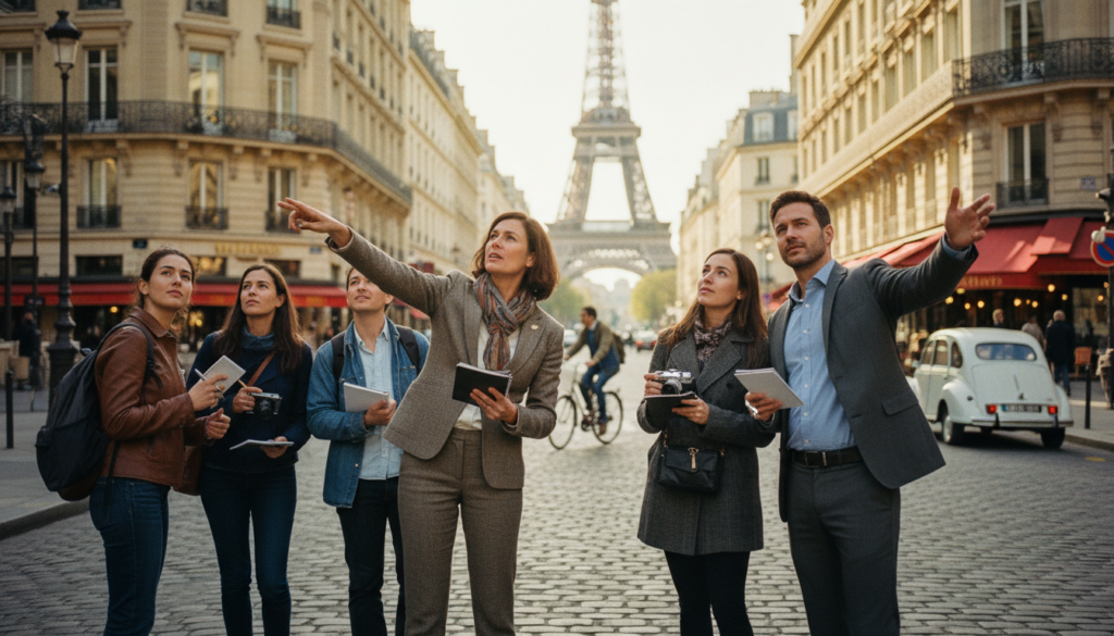 Licensed historian guides in professional business attire enthusiastically leading a small group of tourists through the historic streets of Paris. In the foreground, the guides are animatedly discussing landmarks, with one pointing at a famous building, while the tourists attentively listen, taking notes and snapping photos. The middle ground features iconic Parisian architecture, like the Eiffel Tower and historic cafés, under a blue sky with soft, warm sunlight filtering through the trees. The background showcases the bustling Parisian life, with people walking and cycling. The scene is captured with a shallow depth of field, highlighting the guides and tourists, while the Parisian architecture creates a sense of place. The mood is vibrant and educational, embodying the spirit of exploration and history. The image has raw photographic detail, enriched with cinematic lighting in 8k resolution.