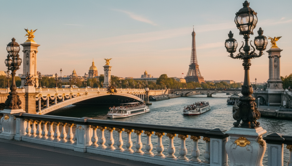 Pont Alexandre III stands majestically over the Seine River in Paris, adorned with intricate gold sculptures and ornate lampposts. The foreground features elegant details of the bridge’s lavish architecture, including intricate stone carvings and beautifully designed railings. In the middle ground, the shimmering waters of the Seine reflect the bridge, while charming boats glide softly. The background showcases iconic Parisian landmarks, such as the Eiffel Tower and the domed Les Invalides, under a soft, pastel sunset sky. The scene is captured in raw photograph quality, with cinematic lighting that enhances the textures of the bridge and the flow of the river, creating a captivating atmosphere of romance and history. The image is presented in 8k resolution for stunning detail.
