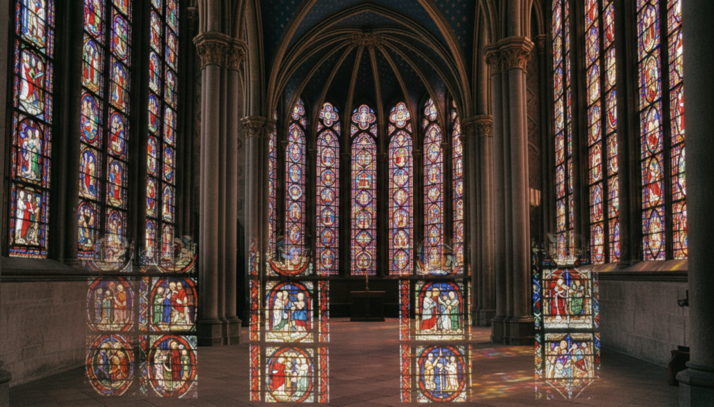 Sainte-Chapelle stained glass windows in Paris, showcasing their intricate designs and vivid colors. In the foreground, highlight the detailed patterns of the glass, with sunlight filtering through, casting colorful reflections on the stone floor. The middle section features the iconic gothic architecture of the chapel, with pointed arches and ornate details. In the background, include a glimpse of the chapel's high ceilings adorned with delicate carvings. The scene is bathed in warm, cinematic lighting, enhancing the textures of the glass and stone. Capture the serene atmosphere, inviting viewers to appreciate the historic beauty of this architectural treasure. The image should be in 8k resolution, showcasing the vivid details and rich colors of the stained glass windows. Sainte-Chapelle stained glass windows in Paris, showcasing their intricate designs and vivid colors. In the foreground, highlight the detailed patterns of the glass, with sunlight filtering through, casting colorful reflections on the stone floor. The middle section features the iconic gothic architecture of the chapel, with pointed arches and ornate details. In the background, include a glimpse of the chapel's high ceilings adorned with delicate carvings. The scene is bathed in warm, cinematic lighting, enhancing the textures of the glass and stone. Capture the serene atmosphere, inviting viewers to appreciate the historic beauty of this architectural treasure. The image should be in 8k resolution, showcasing the vivid details and rich colors of the stained glass windows.