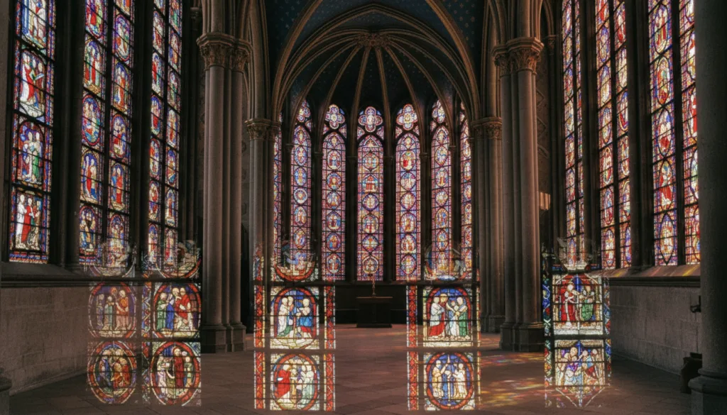 Las vidrieras de la Sainte-Chapelle en París, que muestran sus intrincados diseños y vibrantes colores. En primer plano, resalta los detallados patrones del vidrio, con la luz del sol filtrándose y proyectando coloridos reflejos sobre el suelo de piedra. La sección central muestra la icónica arquitectura gótica de la capilla, con arcos apuntados y detalles ornamentados. Al fondo, incluye una vista de los altos techos de la capilla, adornados con delicadas tallas. La escena está bañada en una iluminación cálida y cinematográfica, que realza las texturas del vidrio y la piedra. Captura la atmósfera serena, invitando al espectador a apreciar la belleza histórica de este tesoro arquitectónico. La imagen debe tener una resolución de 8K, mostrando los vívidos detalles y los ricos colores de las vidrieras.