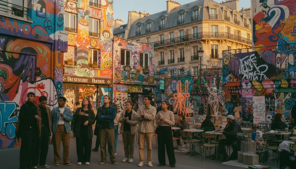 El arte callejero decora vibrantes muros de un moderno distrito creativo parisino, exhibiendo coloridos murales y grafitis que reflejan la cultura contemporánea. En primer plano, un grupo diverso de personas vestidas con ropa informal y discreta admiran el arte y toman fotografías. En el plano medio se aprecian cafés de moda con terrazas, artistas trabajando e instalaciones artísticas, todo bañado por la cálida luz del atardecer. Al fondo, se revela la icónica arquitectura parisina de los edificios cercanos, en contraste con la creatividad del arte callejero. El ambiente es animado e inspirador, capturando la esencia de la creatividad urbana. Filmada con un estilo fotográfico crudo, iluminación cinematográfica y texturas de gran detalle, en resolución 8K, enfatiza la vitalidad y la ecléctica mezcla de lo antiguo y lo nuevo en París.