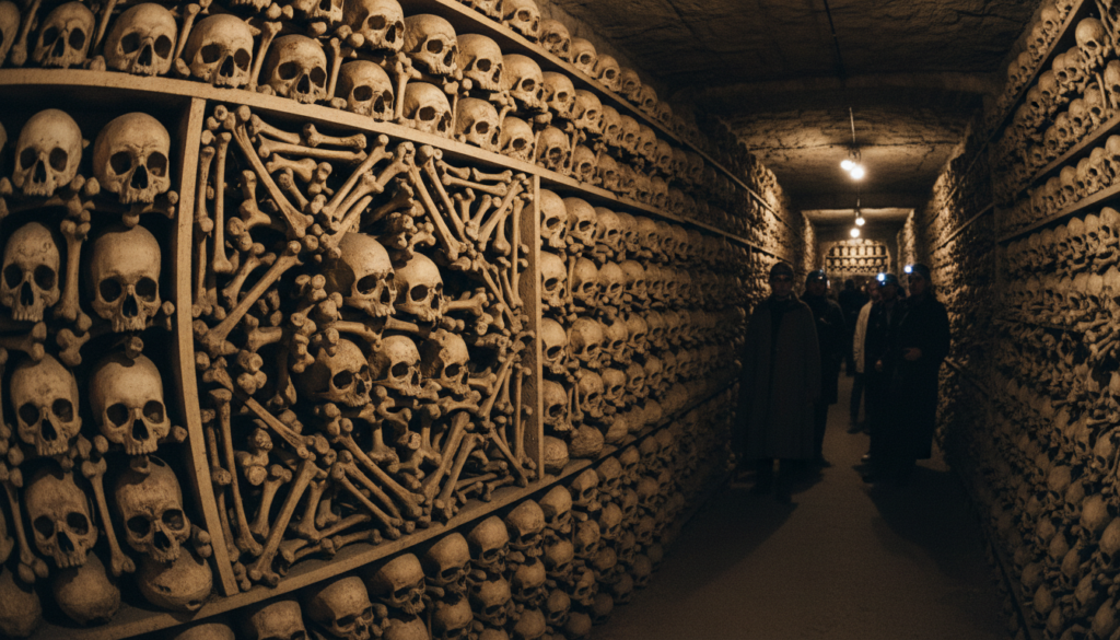 Underground ossuary tour in Paris featuring intricate bone arrangements, showcasing a somber yet fascinating atmosphere. In the foreground, meticulously arranged human skulls and bones create a stunning, eerie mosaic. The middle ground reveals dimly lit passageways adorned with neatly stacked bones, blending shadows and light to enhance the scene’s depth. The background hints at darker corridors leading deeper into the catacombs. The lighting is cinematic, with soft, warm highlights illuminating the textures of the bones, emphasizing their age and history. Capture this in a raw photograph style, with a focus on detail, depth, and a moody ambiance, presented in 8k resolution for breathtaking clarity.