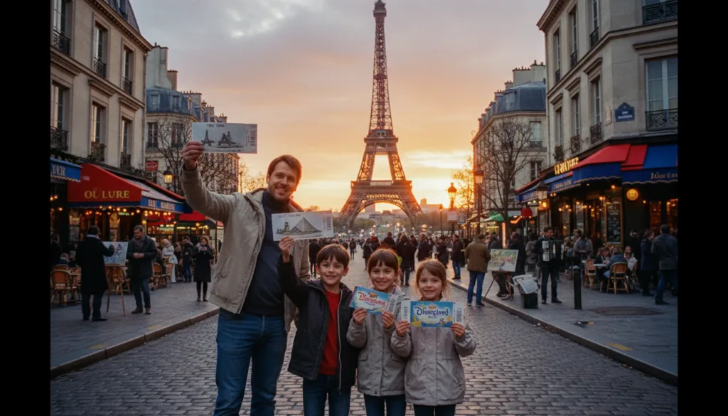 Scène vibrante et colorée mettant en scène des billets d'entrée pour des attractions parisiennes emblématiques, comme la Tour Eiffel, le musée du Louvre et Disneyland Paris. Au premier plan, une famille de quatre personnes – parents et deux enfants – arbore des sourires radieux, tenant divers billets, vêtus de tenues décontractées et sobres. Au second plan, une rue parisienne pittoresque, bordée de boutiques charmantes et d'artistes de rue, reflète la culture parisienne. En arrière-plan, la Tour Eiffel se pare des teintes dorées d'un coucher de soleil, créant une atmosphère chaleureuse et accueillante. Capturée dans un style photographique brut, avec des textures très détaillées et une résolution 8K, l'image utilise un éclairage cinématographique pour sublimer la joie de cette aventure familiale.