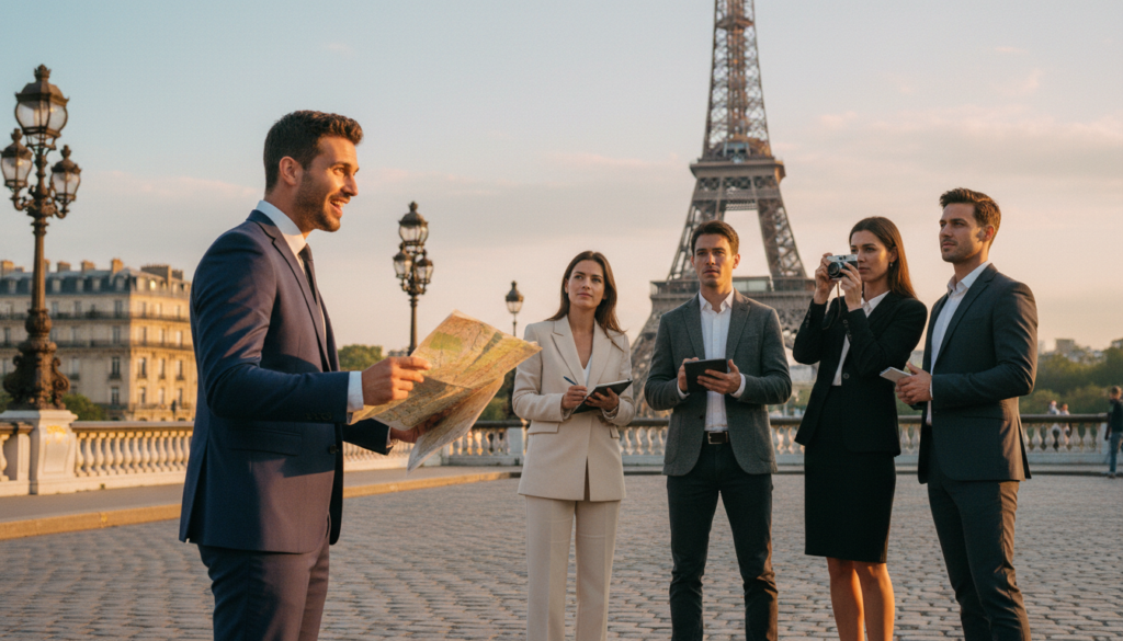 a lively private English-speaking tour in Paris, showcasing an enthusiastic guide sharing stories with a small group of tourists, all dressed in professional business attire as they admire the iconic Eiffel Tower. In the foreground, the guide gestures animatedly with a map in hand, while in the middle, two captivated tourists take notes and another captures the moment on their camera. The background is a picturesque view of Parisian architecture, with soft pastel colors of the sky during golden hour. The scene is illuminated by warm, cinematic lighting that enhances the textures, capturing the essence of an engaging cultural experience. Image captured in 8k resolution, with a shallow depth of field to focus on the group while softly blurring the beautiful backdrop.